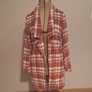 ANDREE BY UNIT Rust Red and White Plaid Trench Coat